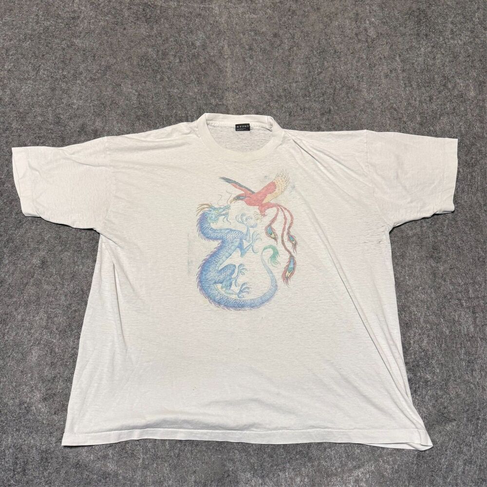 Vintage 90s Fruit Of The Loom Mens T-Shirt Size 2XL Kanji Art Dragon Phoenix
